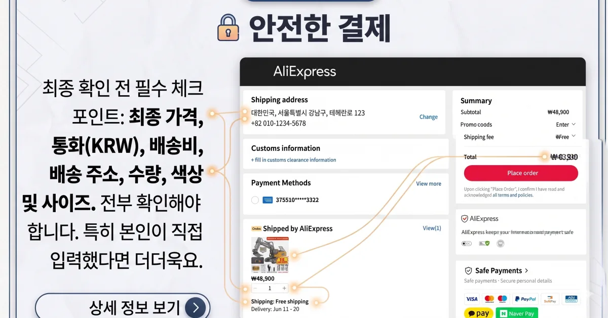 알리익스프레스 안전한 결제(배송지·결제수단·주문 요약) 화면
