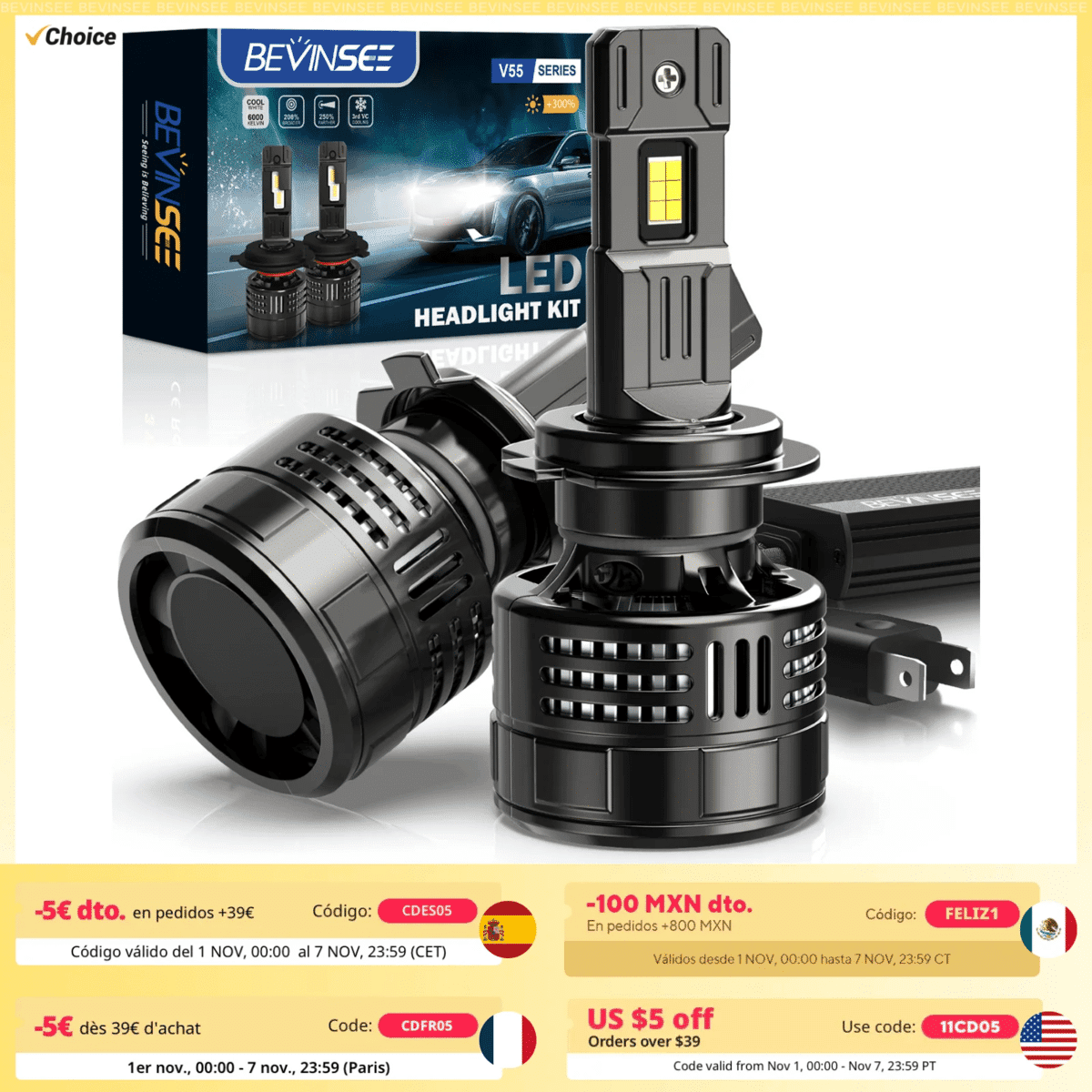 Bevinsee V55 150W LED 차량용 헤드라이트 전구 – 고광도 28000LM, H7, H4, H11, 9005, HB3, 9012 호환