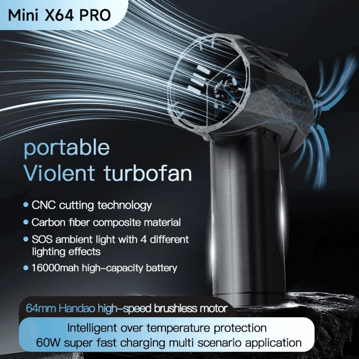 Minix64 Pro 750W 핸드헬드 터보 제트 블로어 – 초강력 브러시리스 엔진, 1.5kg/s, 최대 350km/h 바람 속도
